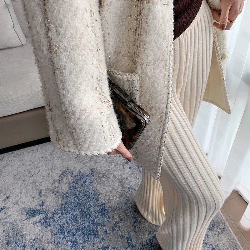Autumn Winter Casual Thick Knitted Pant Women Long Trousers Elastic High Waist Kniting Wide Leg Pants Striped Pantalon RT220