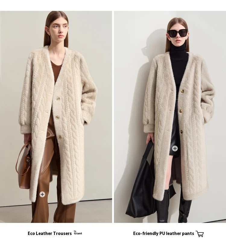Women Fur Cardigan Thickened Long2025Spring And Autumn V-neck Jacket Female Loose Simple Leisure With Buttons Faux Fur Mink Coat RT220