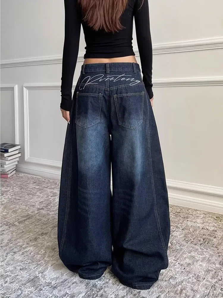 2025 Ropa Y2K Fashion Letter Embroidery Vintage Dark Blue Baggy Jeans Pants Women Clothing New Rock Wide Leg Lady Denim Trousers RT220