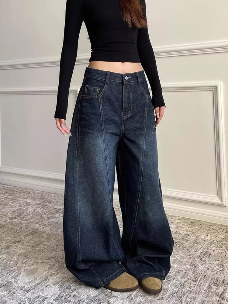 2025 Ropa Y2K Fashion Letter Embroidery Vintage Dark Blue Baggy Jeans Pants Women Clothing New Rock Wide Leg Lady Denim Trousers RT220