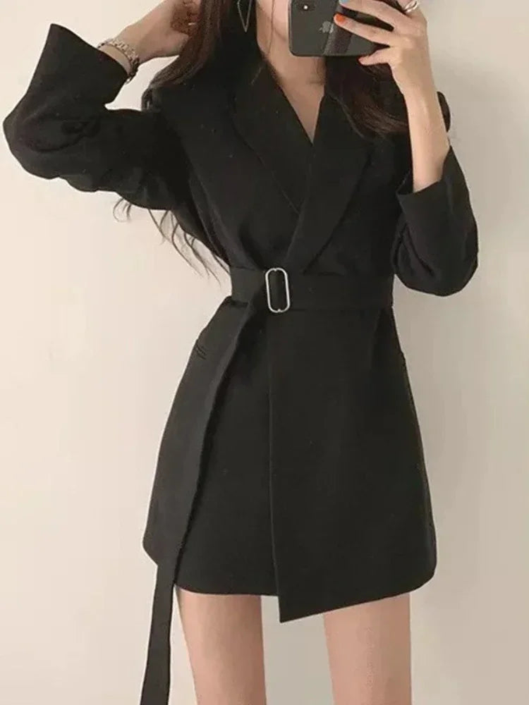 New 2025 Spring Summer Mid-length Small Thin Suit Vintage Belt Korean Fashion Casual Temperament Blazers for Women Clothing RT220