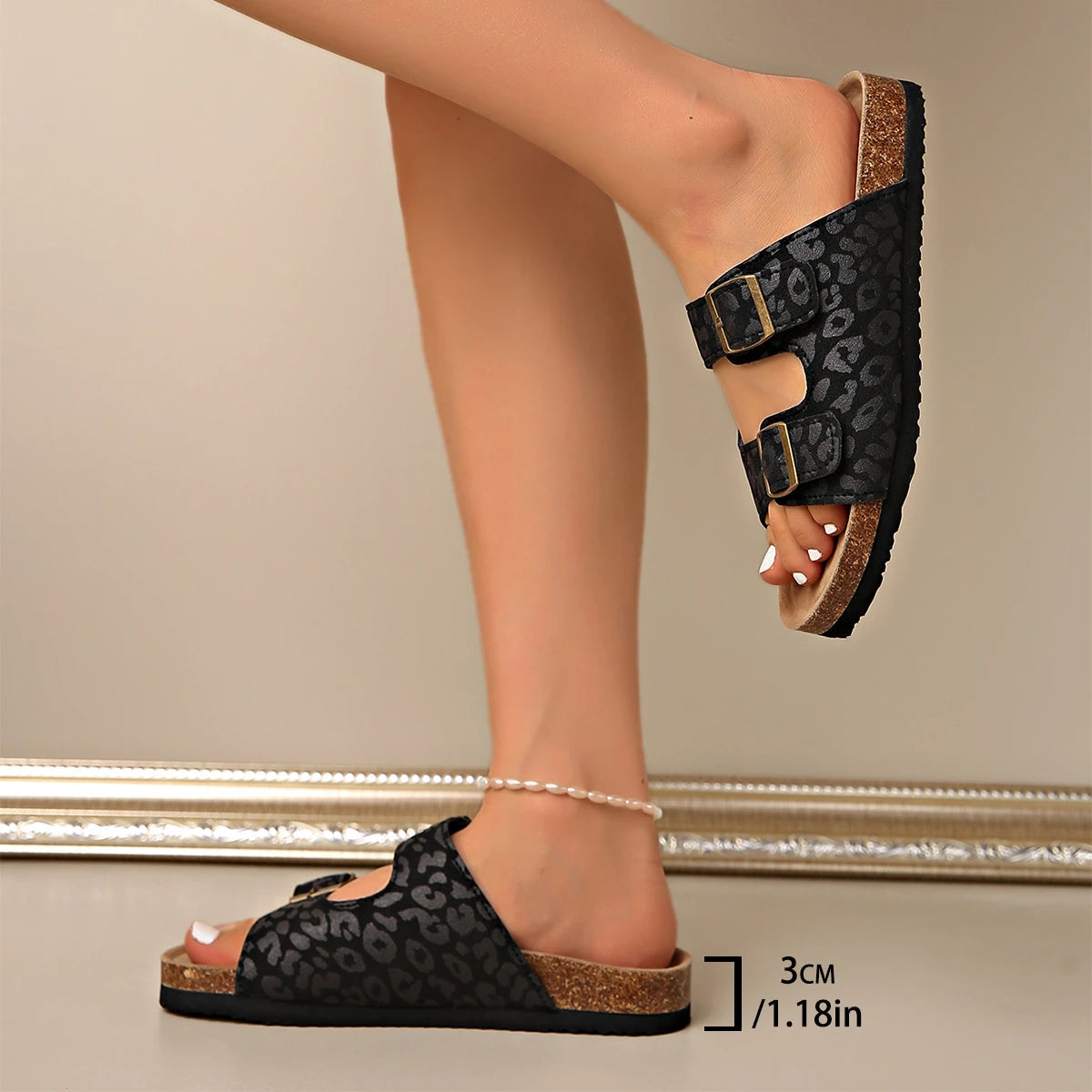 Fashion Leopard Women's Slippers New Cork Slippers Women Summer Outdoor Non-slip Shoes Buckle Sandals Woman Beach Flat Slippers RT220