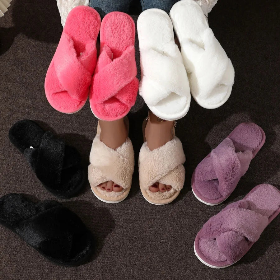 Women’s Cross Band Fur Slippers Indoor Furry Fuzzy Open Toe Shoes Home Cozy Warm Slides Double Straps Slipper Soft Sole Non Slip RT220
