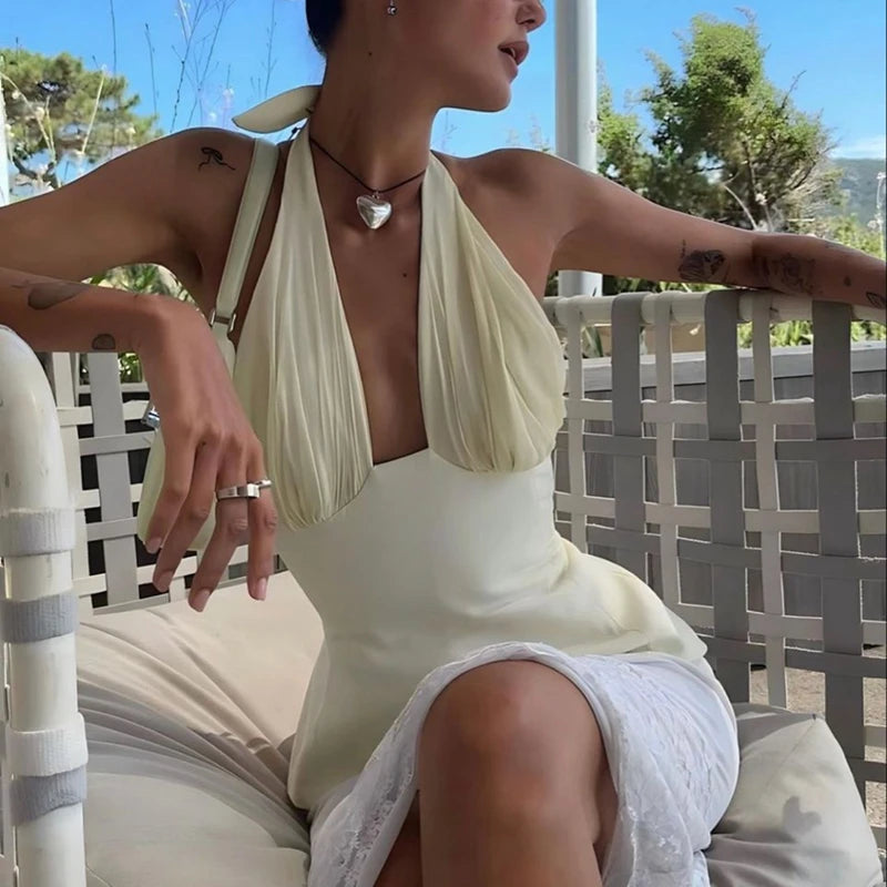 Women Summer Ruched Halter Camis Elegant Backless Tie Up Crop Tops 90s Vintage Coquette Tank Tops Vest Fashion Club Streetwear RT220