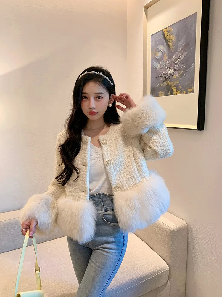 Autumn Winter Women's White Imitation Fox Fur Single Breasted Short Jacket New High-Quality Cotton/Non Cotton Wool Coats RT220