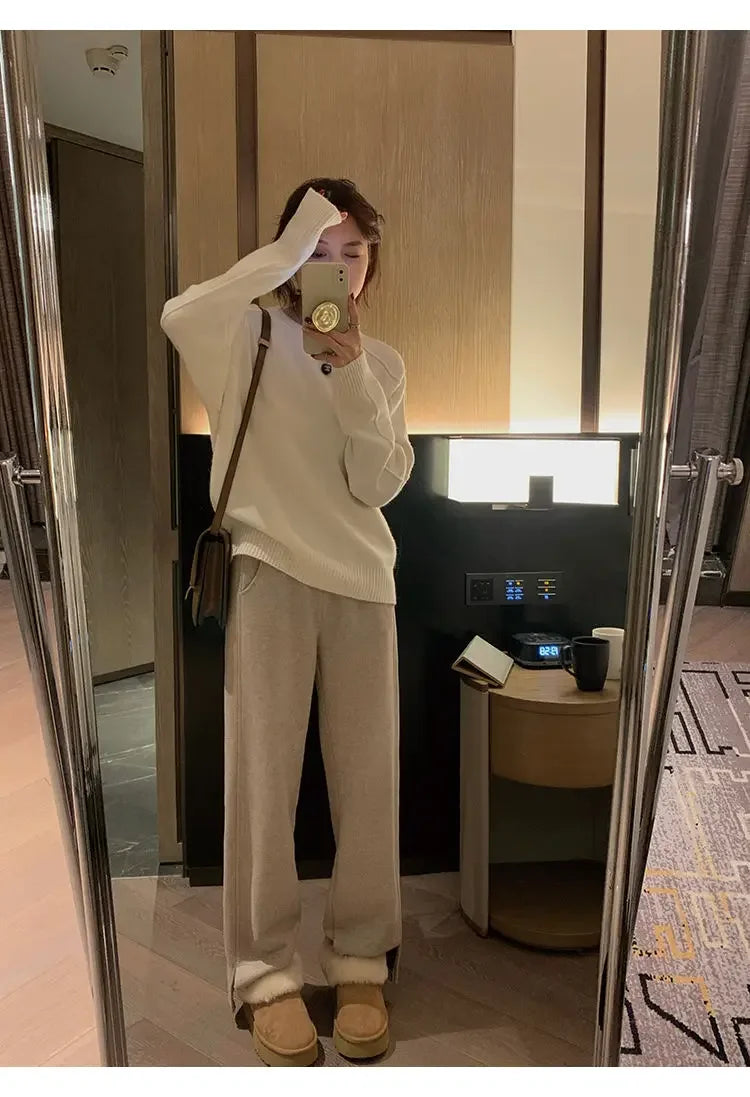 Women Pants Autumn Winter Thickening High Waisted Wool Wide Leg Pants Women Fashion Chevron Lengthening Leg Opening Floor Length RT220