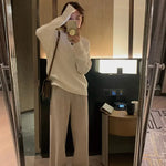 Women Pants Autumn Winter Thickening High Waisted Wool Wide Leg Pants Women Fashion Chevron Lengthening Leg Opening Floor Length RT220