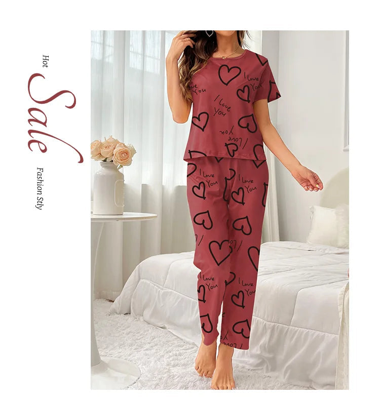 Autumn Fashion Home Pajama Suit Women Sleepwear Pijama Milk Silk Short Sleeve Top with Pants 2 Piece Pajamas for Ladies Lingerie RT220