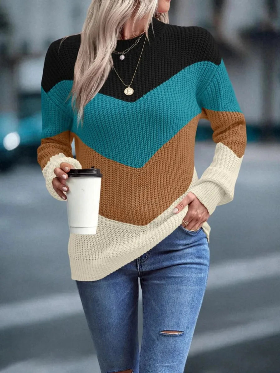 Knit Sweaters Women Jumpers Striped Print Round Neck Streetwear Pullover Top Casual Long Sleeve Warm Sweater Autumn Winter RT220