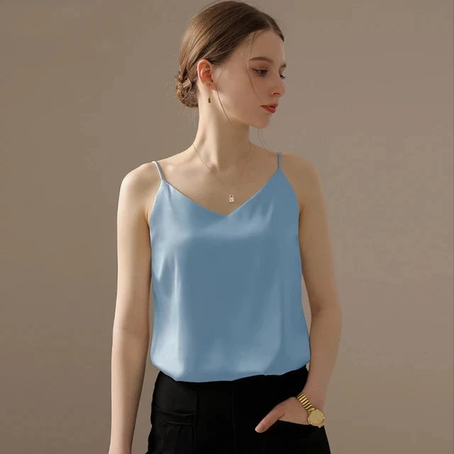 Spaghetti Strap Top Women Halter V Neck Basic White Cami Sleeveless Satin Silk Tank Tops Women Summer 2025 Camisole RT220