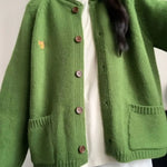 Autumn Winter Women Green Sweaters Coats O-Neck Pockets Embroid Button Fashion Sweet Lazy Wind Long Sleeve Cardigan Knit Tops RT220