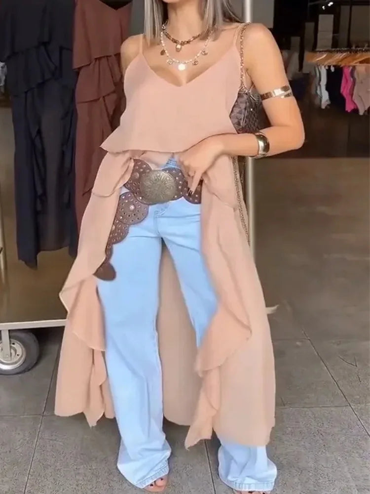 Women Ruffles Long Shirts Dress Summer Elegant Solid Sleeveless Blouse Ladies Casual 2025 Beach V Neck Backless Top Femme Blusas RT220