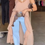 Women Ruffles Long Shirts Dress Summer Elegant Solid Sleeveless Blouse Ladies Casual 2025 Beach V Neck Backless Top Femme Blusas RT220