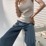 Autumn Winter Casual Thick Knitted Pant Women Long Trousers Elastic High Waist Kniting Wide Leg Pants Striped Pantalon RT220