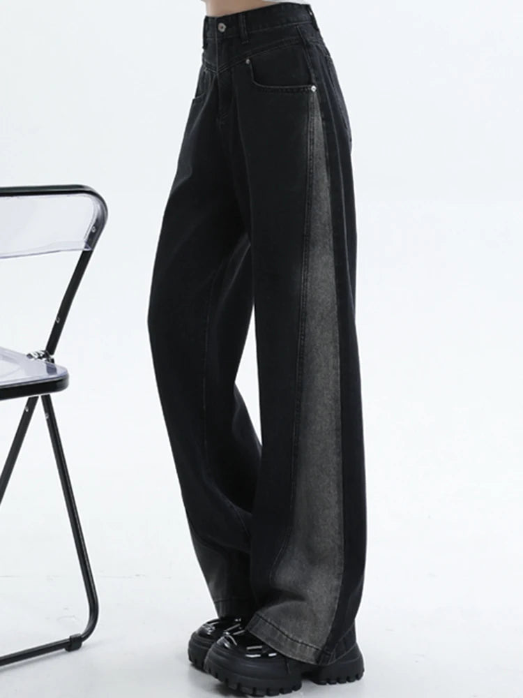 Woman High Waist Jeans Lady American High Street Patchwork Straight Leg Pants Girls Black Gray Contrast Color Wide Leg Trousers RT220