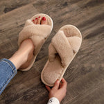 Women’s Cross Band Fur Slippers Indoor Furry Fuzzy Open Toe Shoes Home Cozy Warm Slides Double Straps Slipper Soft Sole Non Slip RT220