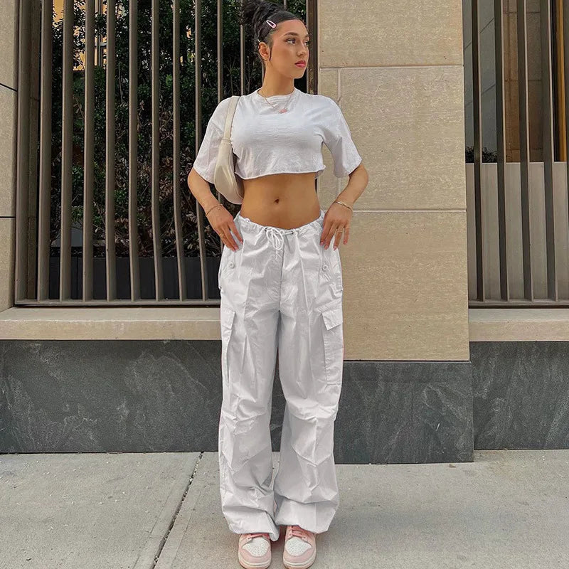 Women Cargo Pants Spring New Streetwear Solid Fashion Pockets Drawstring Trousers Casual Slim Versatile Knitted Lady Cargo Pants RT220