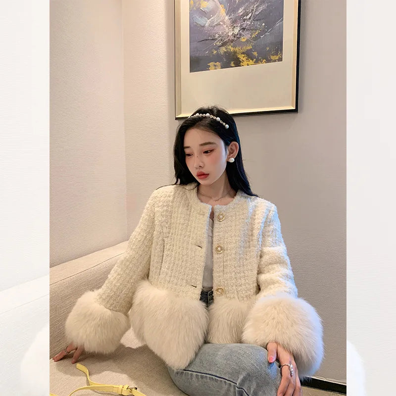 Autumn Winter Women's White Imitation Fox Fur Single Breasted Short Jacket New High-Quality Cotton/Non Cotton Wool Coats RT220