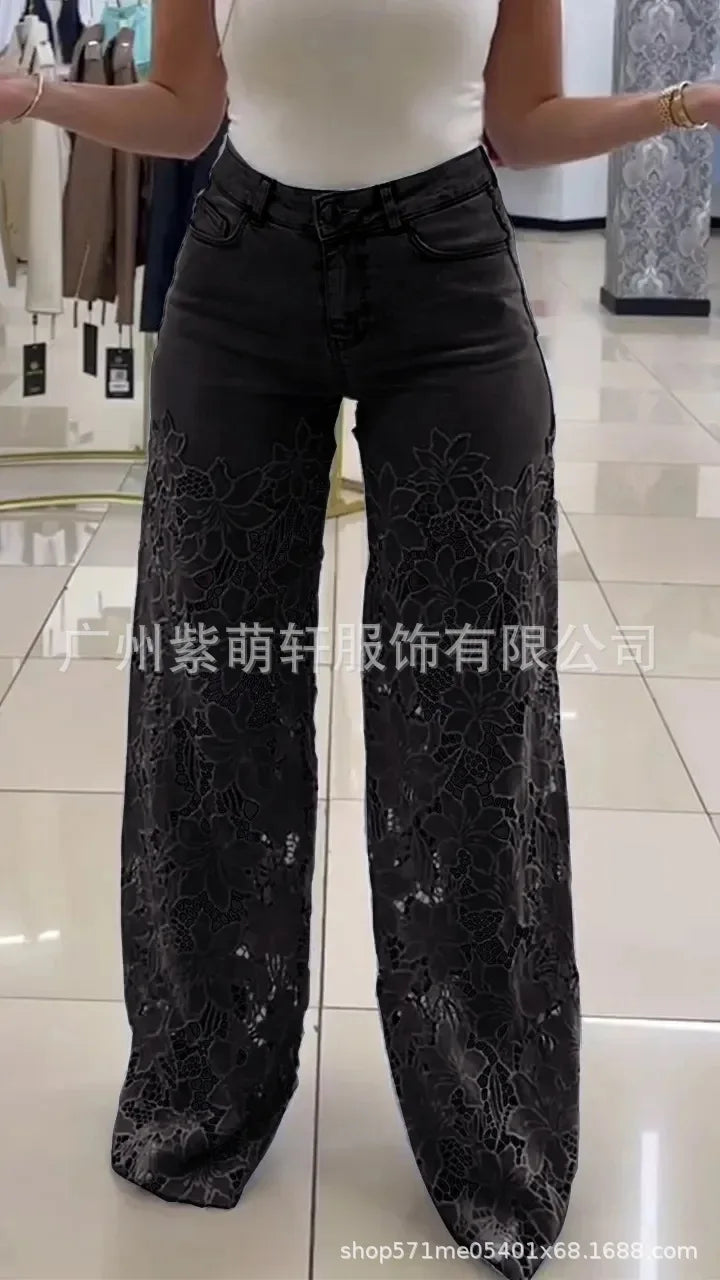 Women's Spring Summer Fashion Hollow Out Lace Splicing Denim Drape Pants Full Length Trousers RT220