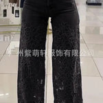 Women's Spring Summer Fashion Hollow Out Lace Splicing Denim Drape Pants Full Length Trousers RT220