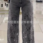 Women's Spring Summer Fashion Hollow Out Lace Splicing Denim Drape Pants Full Length Trousers RT220