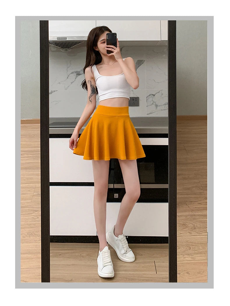 ITOOLIN Women Sweet Solid Color Preppy Skirts Casual Wide Leg High Waist Mini Skirts Women Harajuku Pleated A-line Skirts New RT220