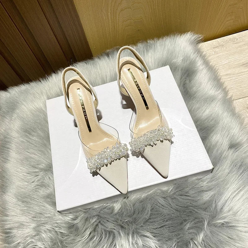 Summer Women Baotou Sandals 2024 New French Transparent Pointed Toe Crystal Stiletto Heel Sandals Pumps Zapatillas Mujer RT220