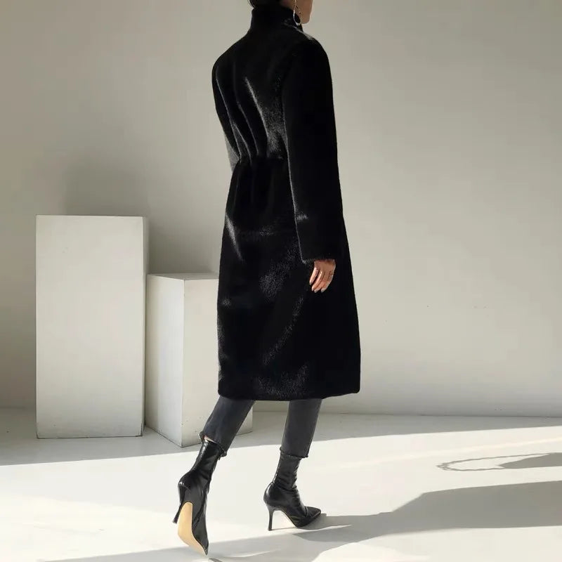 Coats Women Faux Fur Stand Collar Mid Length Long Coat Thick Maxi Warm Thick Open Stitch Elegant Autumn Winter Black Jackets RT220