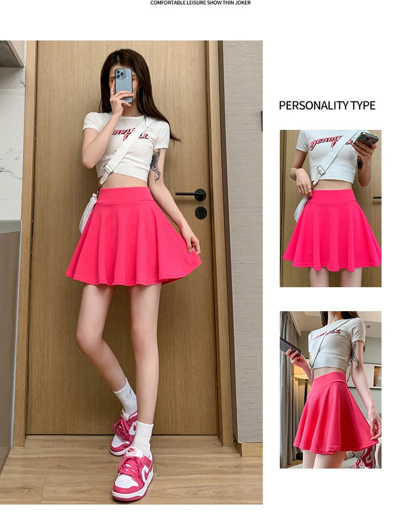 ITOOLIN Women Sweet Solid Color Preppy Skirts Casual Wide Leg High Waist Mini Skirts Women Harajuku Pleated A-line Skirts New RT220