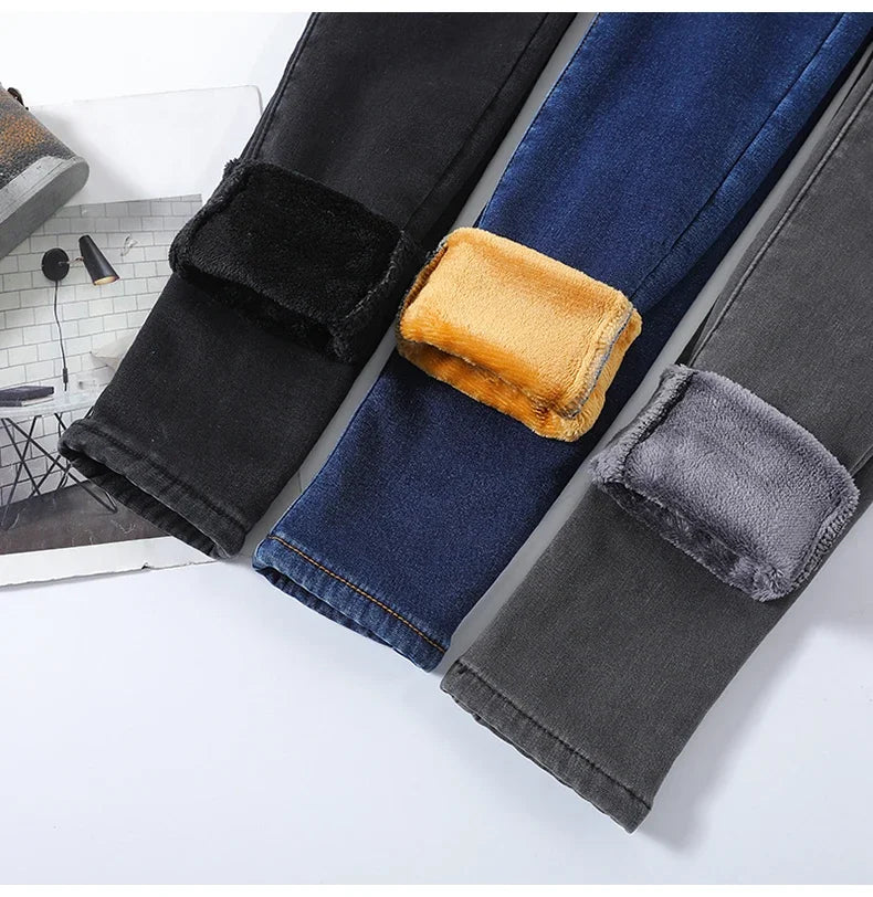 Skinny Women's Warm Jeans Winter Thicken Fleece Stretch High Waist Pencil Pants Fashion Korean Black Blue Gray Velvet Leggings RT220
