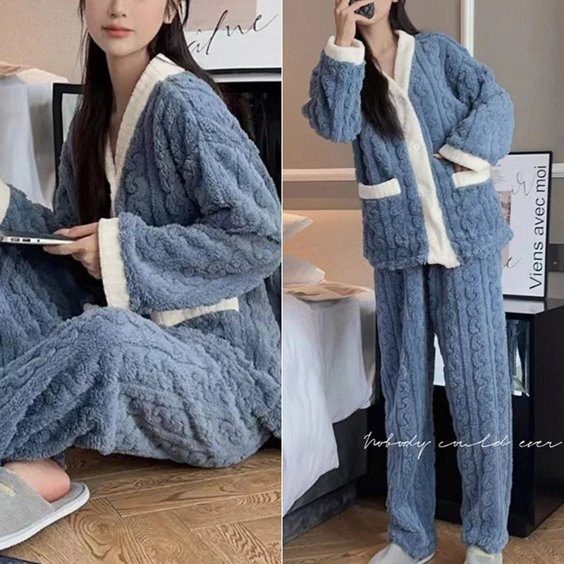 2pcs/Set Autumn And Winter Pajamas Women Thickened Padded Warm Students Coral Girls Clot Velvet Suit Homewear Cardigan Trousers RT220