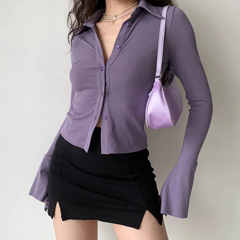 Sexy Slim Flared-sleeve Shirt Polo Collar Lapel Five-color All-match Women's Slim Stretch Long-sleeved Top Women Shirts Blouses RT220
