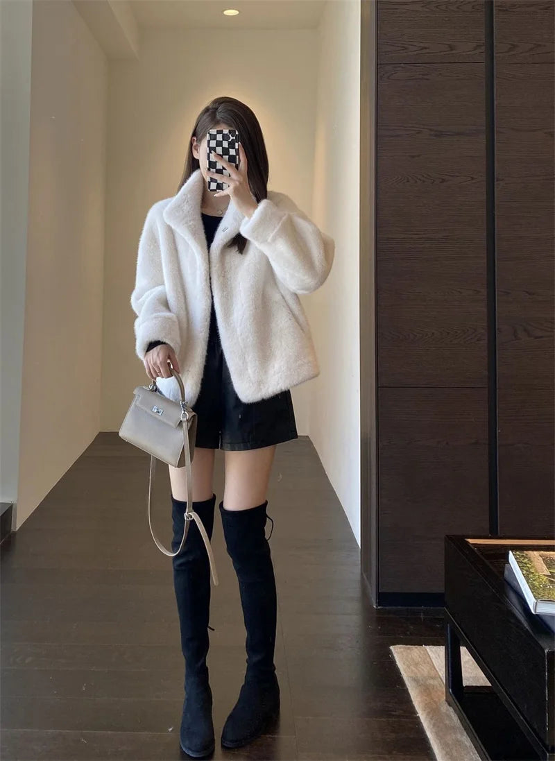 2024 Women Solid Color Stand Collar Mink Fur Top Female Long Sleeves Fox Fur Jacket Spring Autumn Lady Short Leather Fur Outwear RT220