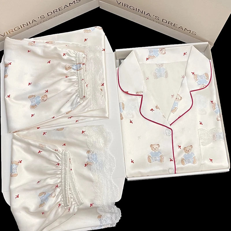 Honey Peach Print Lace Korean Ins Style Pajamas Women Y2k Three-piece Set Classy Sweet Cute Lady Lounge 2024 New Spring Homewear RT220