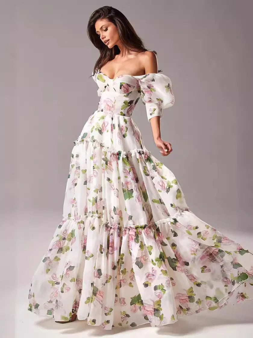 Elegant Floral Print Evening Party Dresses Women Charming A-line Off Shoulder Boat Neck Loose Short Sleeve Prom Gowns Robe Dress RT220
