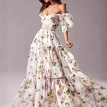 Elegant Floral Print Evening Party Dresses Women Charming A-line Off Shoulder Boat Neck Loose Short Sleeve Prom Gowns Robe Dress RT220