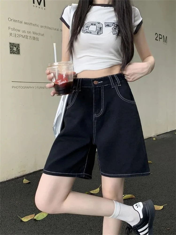 Women's Bright Line Decoration Black Denim Shorts Summer Young Girl Casual Bottom Female High Waisted Straight Knee Length Pants RT220