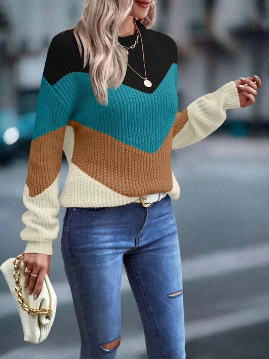 Knit Sweaters Women Jumpers Striped Print Round Neck Streetwear Pullover Top Casual Long Sleeve Warm Sweater Autumn Winter RT220