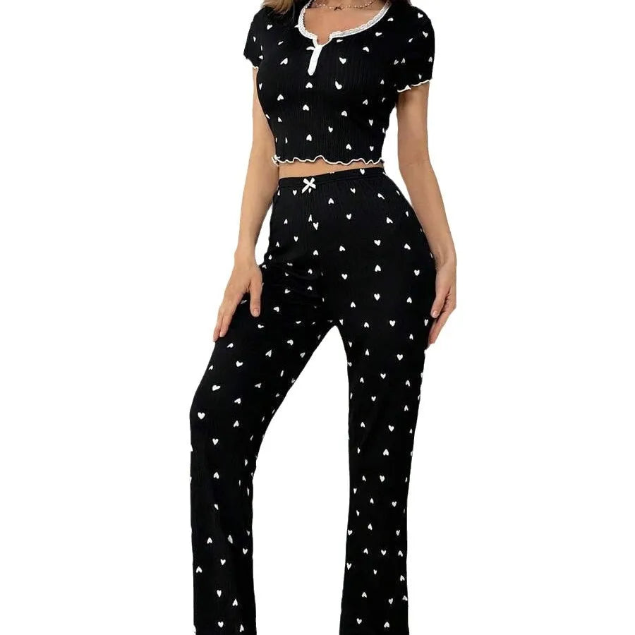 Spring and Summer New Women's Pop-Up Short-Sleeved Love Collar Printed Pajamas Loungewear Set Girls Style Pajamas Loungewear Set RT220