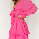 Sexy Cascading Ruffles Women Long Sleeve Mini Dress Deep V-Neck Lace-Up Casual Ladies Party Dress Sweet Streetwear Dropshipping RT220