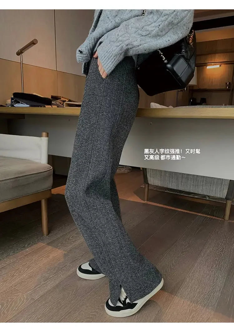 Women Pants Autumn Winter Thickening High Waisted Wool Wide Leg Pants Women Fashion Chevron Lengthening Leg Opening Floor Length RT220