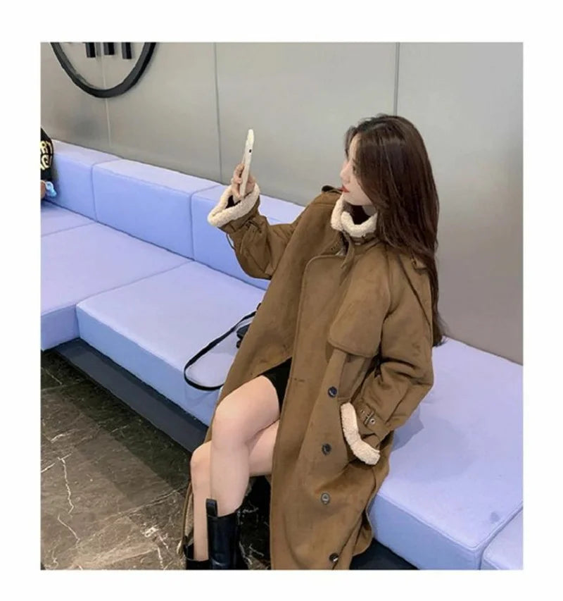 2024 Autumn Winter New Medium Long Double-breasted Lambswool Suede Woolen Coat Women Add Velvet Padded Warm Fur One Woolen Coats RT220