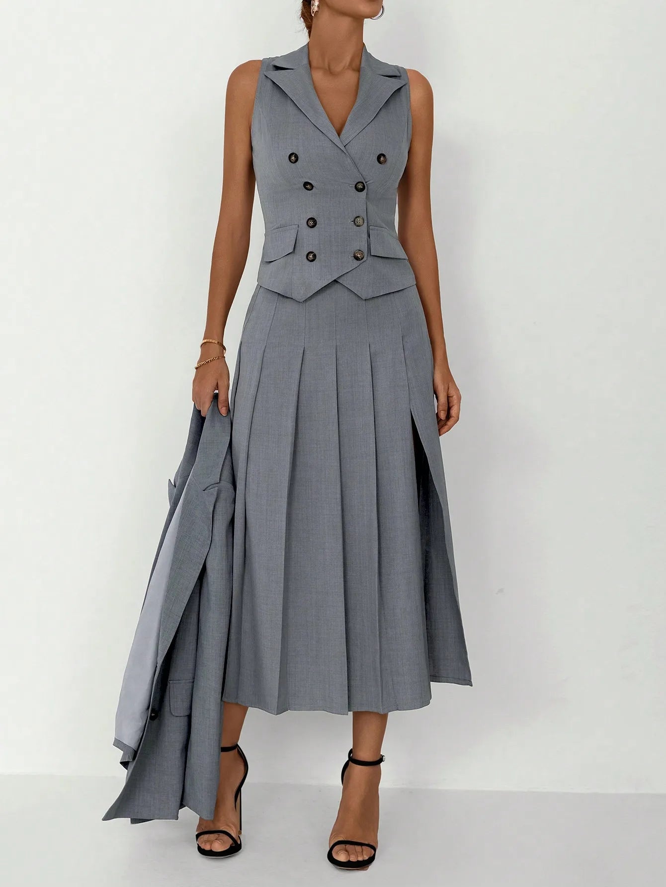 3pcs Women Elegant Work Casual Business Suit Set: Fitted Vest for Spring/Summer, Pleated Midi Skirt, Suitable for Office Lady RT220