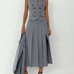 3pcs Women Elegant Work Casual Business Suit Set: Fitted Vest for Spring/Summer, Pleated Midi Skirt, Suitable for Office Lady RT220