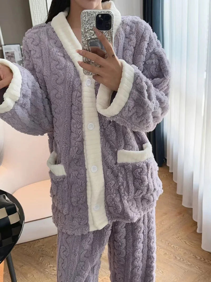 2pcs/Set Autumn And Winter Pajamas Women Thickened Padded Warm Students Coral Girls Clot Velvet Suit Homewear Cardigan Trousers RT220