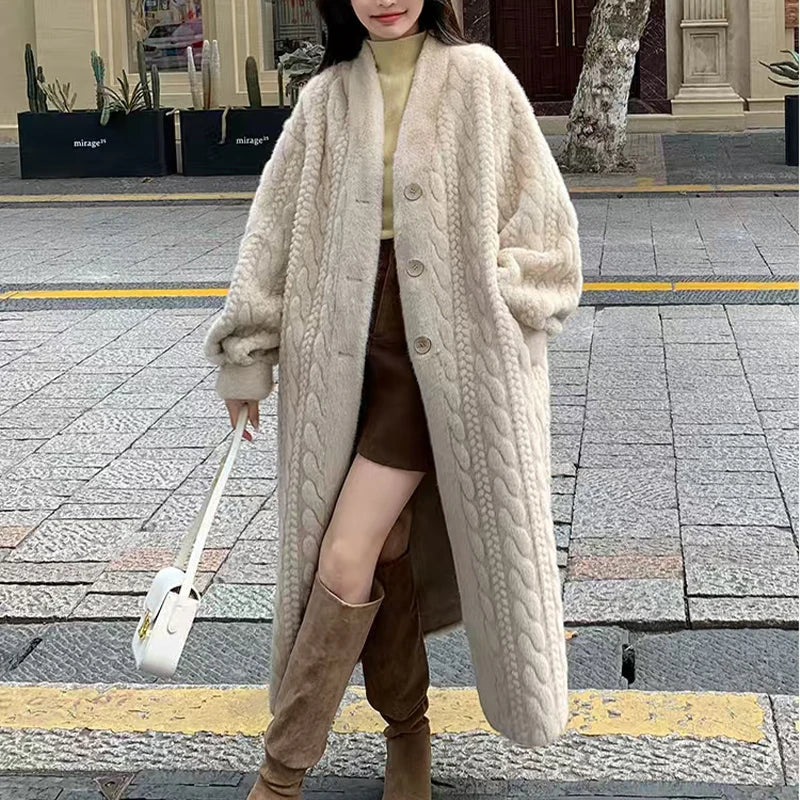 Women Fur Cardigan Thickened Long 2024Autumn Winter V-neck Jacket Female Loose Simple Leisure With Buttons Casual Faux Fur Coat RT220