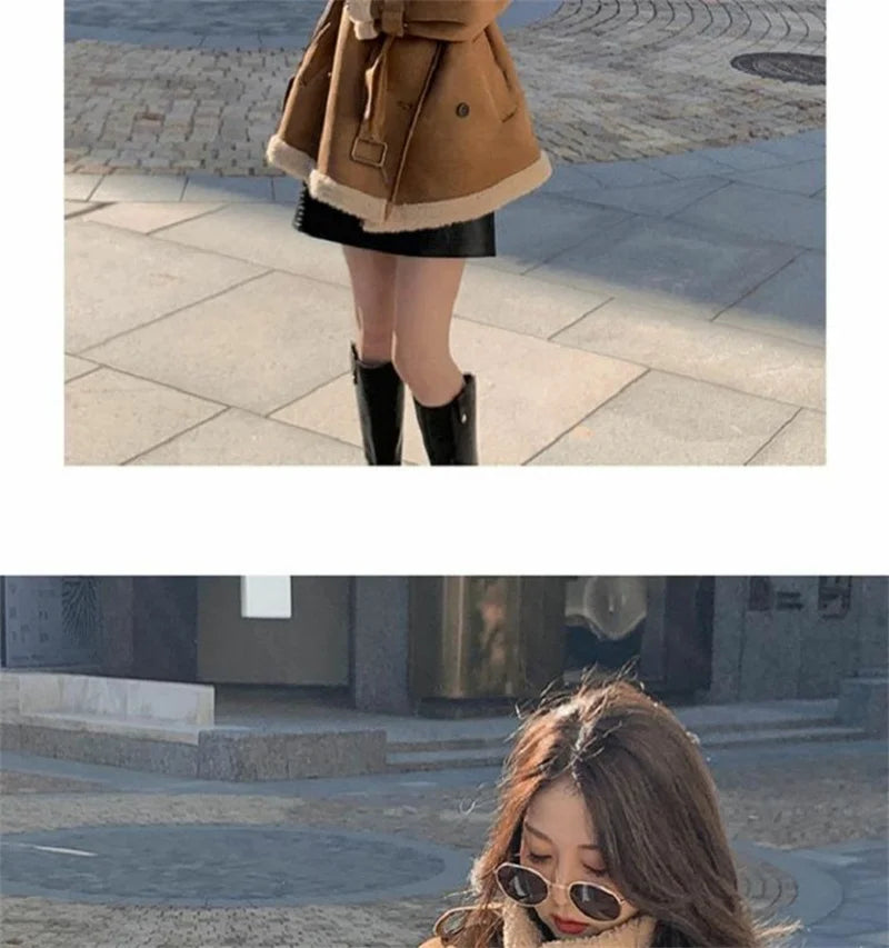 2024 Autumn Winter New Medium Long Double-breasted Lambswool Suede Woolen Coat Women Add Velvet Padded Warm Fur One Woolen Coats RT220