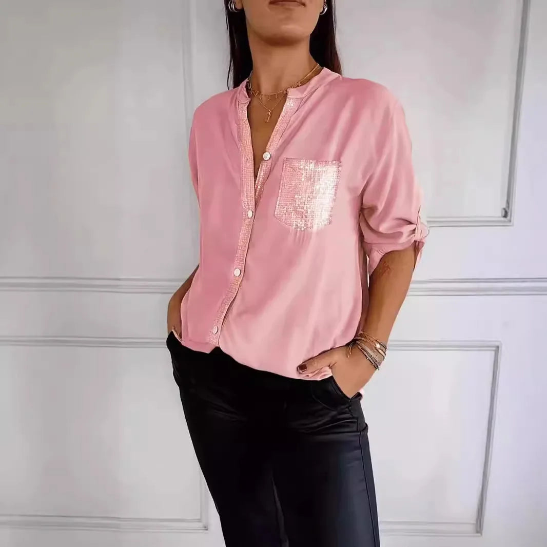 Casual Loose Sequins Patchwork Shirt Blouse Women Fashion Button Long Sleeve Shirts For Women Spring Autumn Pocket Tops Femme RT220