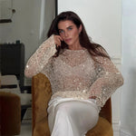 Sequined Knitting O-neck Pullover Women Elegant Hollow Out Design Long Sleeve 2025 Spring Evening Party Tops for Ladies RT220