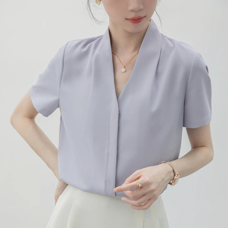 2025 Fashion Summer Short Sleeve V-Neck Women Blouse White Blouse Shirt Women Tops Blouses Shirts Blusas Para Mujer Camisas XL86 RT220